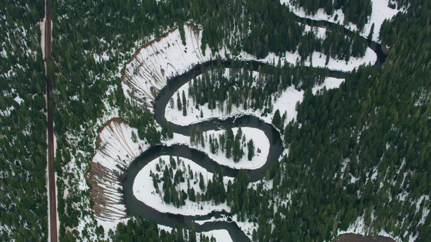 Aerial view of winding river in winter, Northern California
