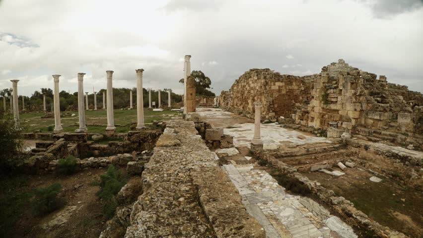 Salamis is an Ancient Greek City-State on the East Coast of Cyprus, at the Mouth of the River Pedieos, North of Modern Famagusta. Antique Ruins Near Mediterranean Sea. There Are Baths, Public