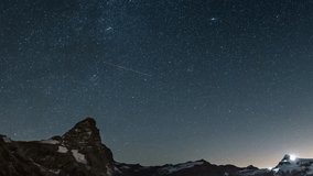 The apparent rotation of the starry sky over the majestic Matterhorn or Cervino mountain peak and the Monte Rosa glaciers, italian side. Time Lapse video.