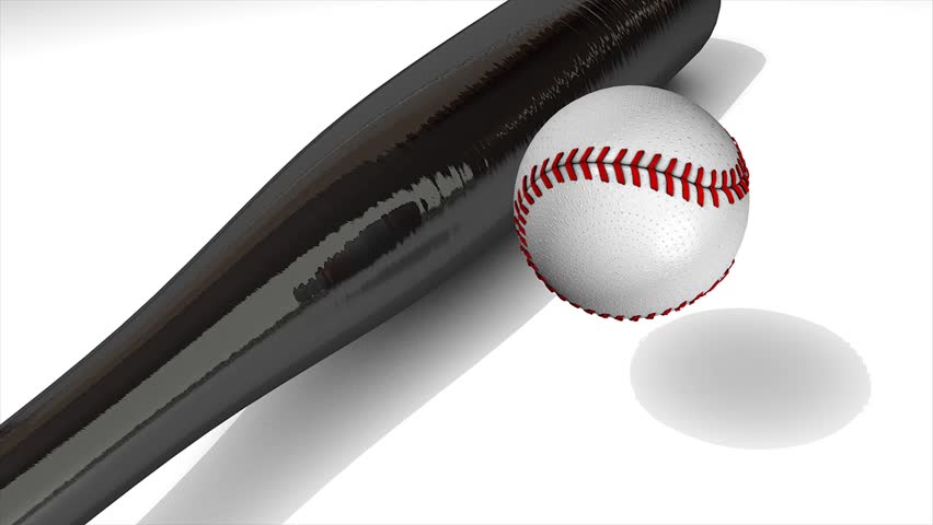 Baseball animation, ball and bat over white.