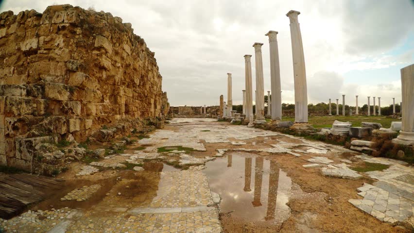 Salamis is an Ancient Greek City-State on the East Coast of Cyprus, at the Mouth of the River Pedieos, North of Modern Famagusta. Antique Ruins Near Mediterranean Sea. There Are Baths, Public