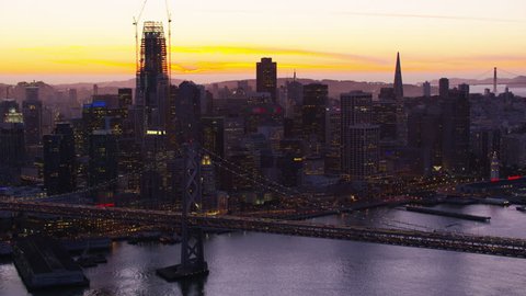 San Francisco, California circa-2017, Aerial view of Bay bridge and city at sunset