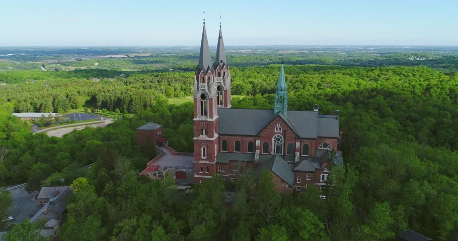 Aerial view of amazing Holy Hill church with three towering spires.
