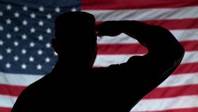 Silhouette of soldier saluting with American flag in background - Powered by Shutterstock - Get 15% off with code: PIKWIZARD15