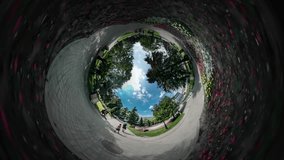 360Vr Video People in City Park. People, Dad and Girl, Kid Are Walking by Sidewalks, Footpath Among the Trees. Inside of a Planet, Inside of a City, People Have a Rest at the Nature, Flower Beds,
