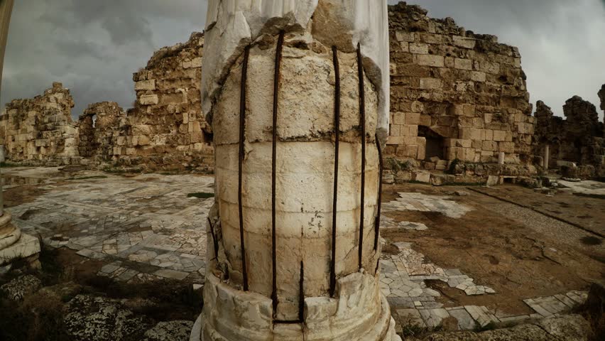 Salamis is an Ancient Greek City-State on the East Coast of Cyprus, at the Mouth of the River Pedieos, North of Modern Famagusta. Antique Ruins Near Mediterranean Sea. There Are Baths, Public
