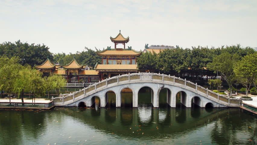 Time lapse of Stone arch bridge and Pavilion in Guangzhou(Canton), Guangdong
