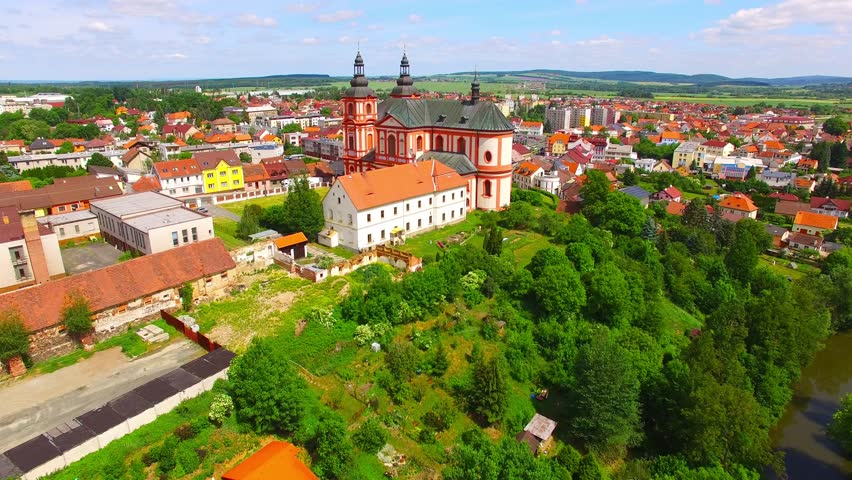 Church of The Assumption (1775) in small town Prestice. Architecture from above. Rare baroque monument in Czech Republic, Central Europe. 