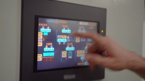 Man touches control panel on equipment box. Touchscreen interface on monitoring equipment. Industrial equipment screen, with "stop" button, then "automatic" on "temperature regulation system". - Powered by Shutterstock - Get 15% off with code: PIKWIZARD15