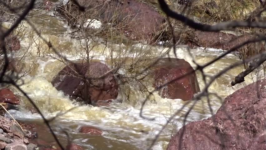 A flooding stream overflowing into the woods; includes the natural ambient sound of the stream (volume reduced); Pine Creek in Tonto Natural Bridge State Park in Arizona