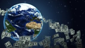 Flying dollars around the world in 4k resolution. 3d illustration