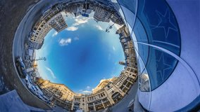 Spherical, Panorama Video 360 Degree Rabbit Hole Planet. Time Lapse. Traffic on the Bessarabska Square, Cars Are Passing by Kiev Sights, Old Historical City is Curious For the Tourists. See the