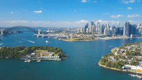 Aerial hyperlapse video of Sydney Harbour, with view of Harbour Bridge, Opera House and skyline of CBD