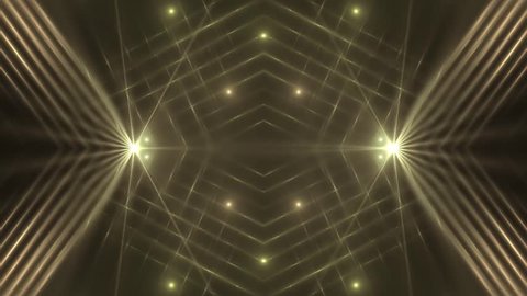 VJ Fractal golden kaleidoscopic background. Background orange motion with fractal design on black background. Disco spectrum lights concert spot bulb. Light Tunnel. Seamless loop.