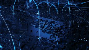 3d render of digital city. Abstract urban background. Skyscrapers and small towns with wireframe details and tech connection lines. Loopable sequence of panning camera move. - Powered by Shutterstock - Get 15% off with code: PIKWIZARD15