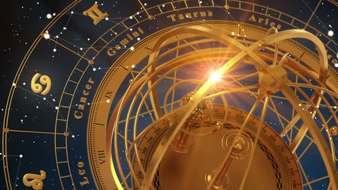 Zodiac Signs and Armillary Sphere On Blue  Background. Seamless Looped. 3D Animation.