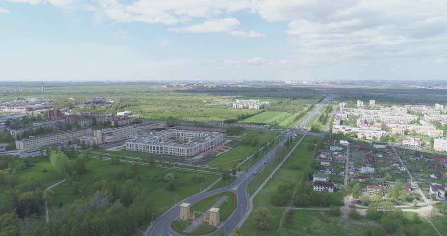 aerial forward fly over streets of Pushkin town, Tsarskoye Selo in summer day, 4k prores footage