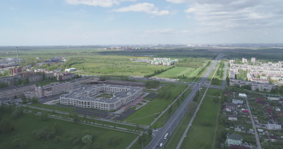 aerial back fly over streets of Pushkin town, Tsarskoye Selo in summer day, 4k prores footage