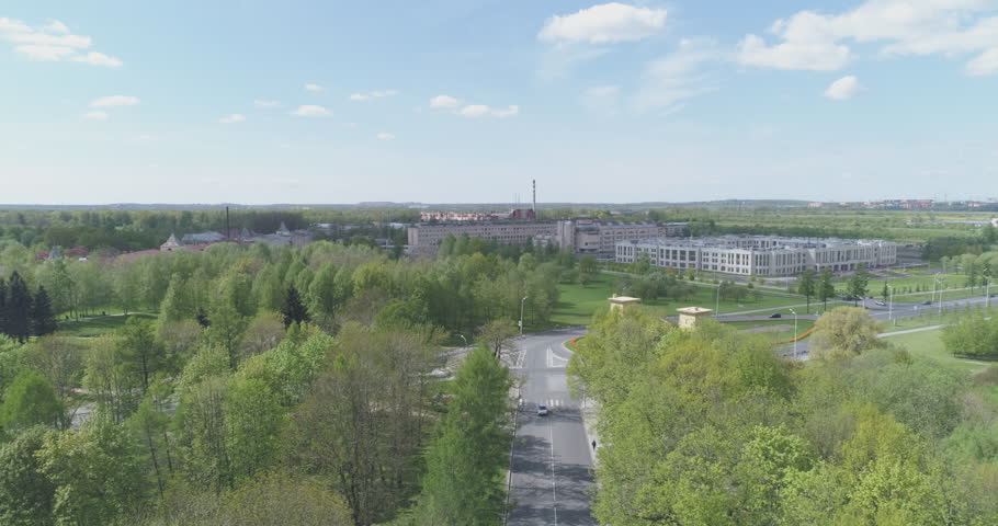 aerial back fly over streets of Pushkin town, Tsarskoye Selo in summer day, 4k prores footage