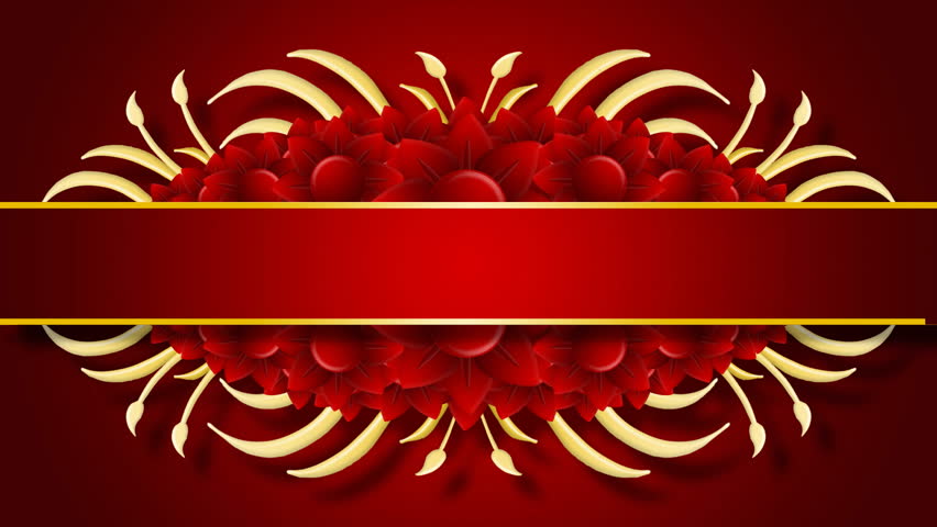 Growing golden title frame and flowers on red background. HD CG animation.