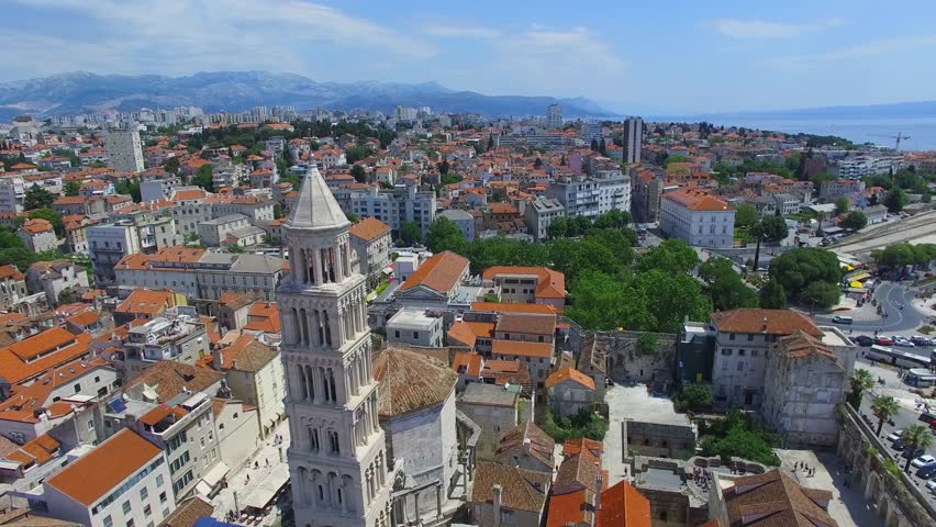 SPLIT, CROATIA - MAY 20, 2017: City panorama with bell-tower and cathedral of St. Domnius on territory of Diocletian Palace. Aerial view | Shutterstock HD Video #27678619