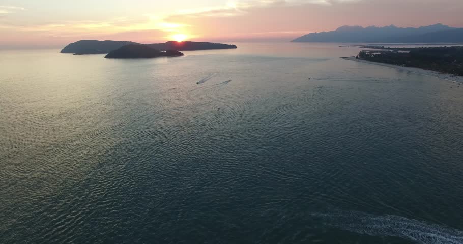 LANGKAWAI,MALAYSIA - CIRCA June 2017 :aerial sunset seadoos over langkawi
