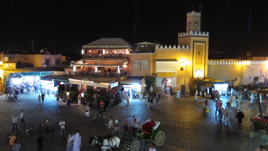 MARRAKECH, MOROCCO - CIRCA 2012: Jemaa el-Fnaa mosque at night during Ramadan