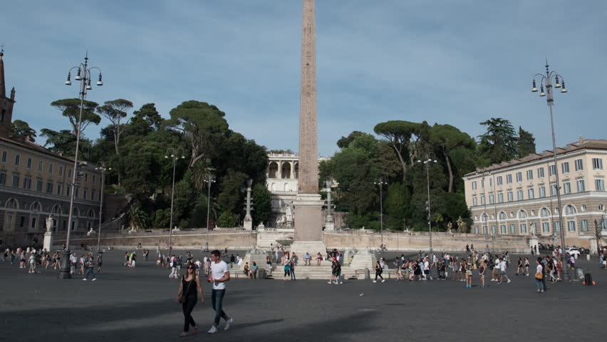 High obelisk in Rome Piazza del Popolo, famous landmark motion hyper lapse