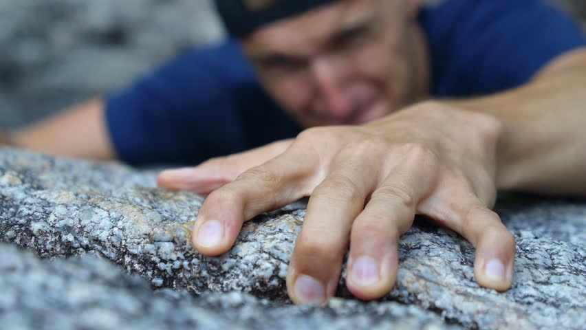 Mountain Climber Man Reaching The Top Doing His Best. Closeup on Hand. HD, 1920x1080. 