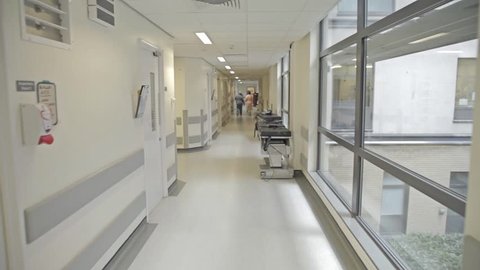 DERBY, UK, APRIL 2016 - Dolly shot down hospital corridor