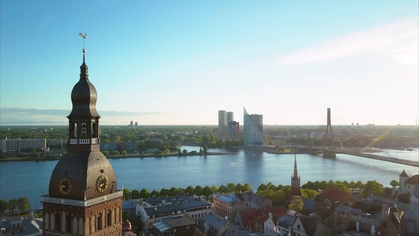Aerial Panoramic Cityscape View of the Riga Old Town with Dome Cathedral and Daugava River, Latvia