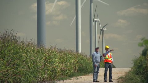 Farmer and engineer standing near windmills, farm