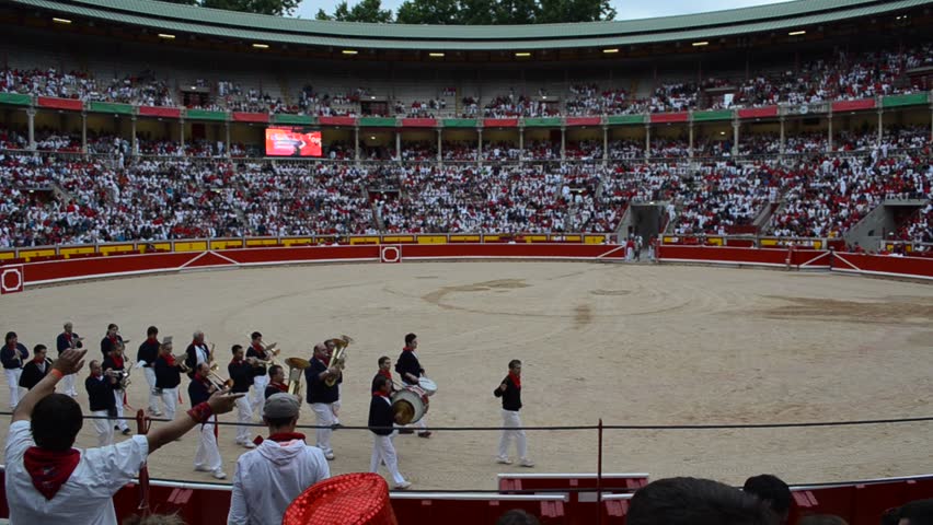 PAMPLONA, SPAIN - CIRCA JULY 2012: A music band performs in the bull ring of