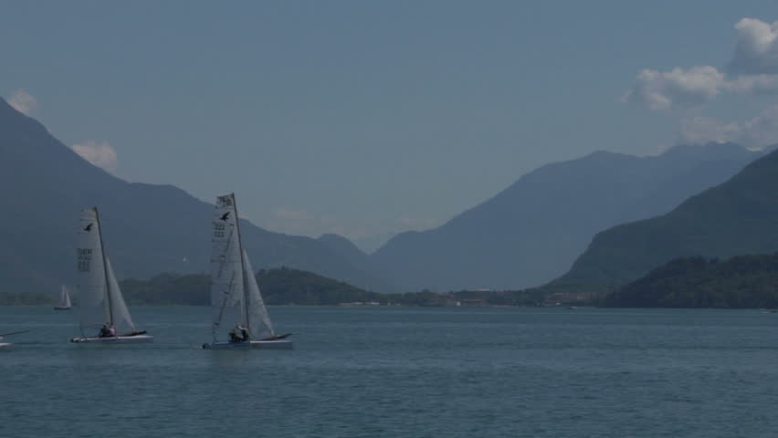 COMO LAKE, ITALY, AUGUST 10: Catamarans during Formula 16 Europeans Challenge on