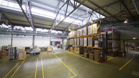 Large warehouse with boxes with production at factory
