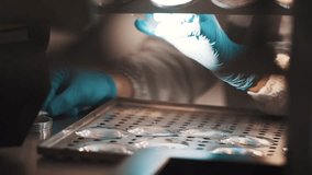 Desk of lens production engineer at manufacture, perforated metal sheet, hands in blue rubber gloves, close up - Powered by Shutterstock - Get 15% off with code: PIKWIZARD15
