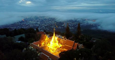 Aerial temple landscape, Wat Phra That Doi Suthep on the mountain in Chiang mai, Thailand. 