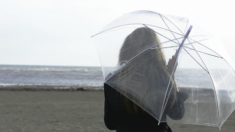 Young woman on a rainy and windy day; Full HD Photo JPEG
