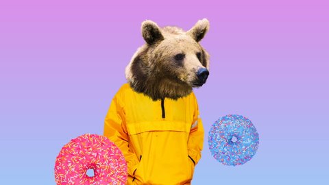  Fashion Bear in human clothes. Donuts dream vibes Surreal art design