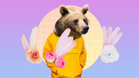  Fashion Hipster Bear in human clothes on an abstract background. Surreal art
