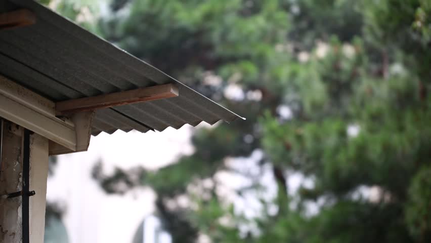 Drops of water falling from roof in rainy weather with trees in the background