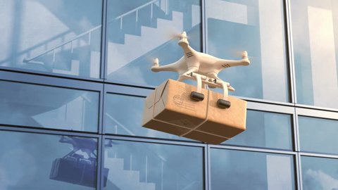 Quadcopter delivers a package against an office building, seamless looping 3d animation, 4K