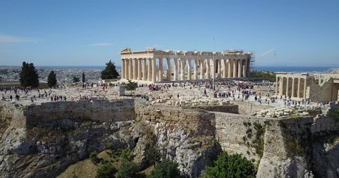 Aerial flyover of the Acropolis in Athens, Greece. Athens the capital and largest city of Greece. It is one of the world's oldest cities.