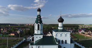 Drone fly to the Church of St. Sergius of Radonezh, Tarasovo village, Podolsk region, Russia