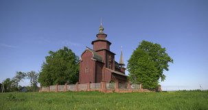 Video footage view of beautiful old wooden church in selo hamlet Bogoslov in surroundings of Rostov town in Yaroslavl Oblast area, central Russia, 160 km north-east of Moscow