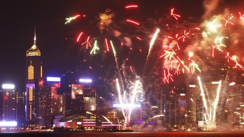 Time Lapse of National Day Fireworks Display in Victoria Harbor, Hong Kong.