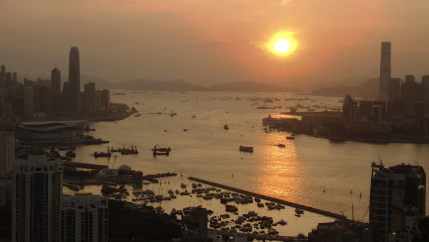 Time Lapse of Hong Kong Victoria Harbor at Sunset - - Central District, Victoria