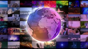 Stylish Shiny Colorful Glass Metal or Metallic Globe Animation Spinning in Front of a moving Wall of Screens Version 2 Seamless Loop Video Backdrop Animated Motion Background Purple Violet Pink