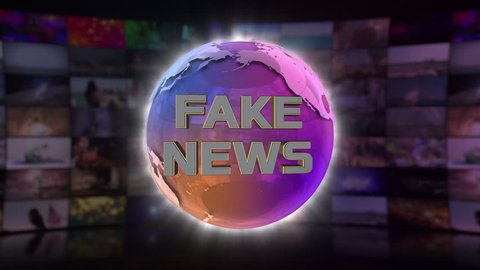 Fake News On Screen 3D Animated Text Graphics Over Spinning Glass Globe News Parody Comedy Funny Broadcast Graphic Title Animation Seamless Looping Motion Background Video Backdrop Purple Violet Pink