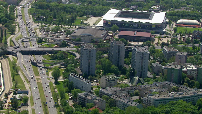 Aerial view over road junction and city streets in Warsaw, Poland